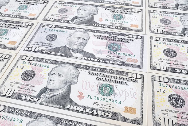 US dollar notes, 10 dollars, 50 dollars, banknotes