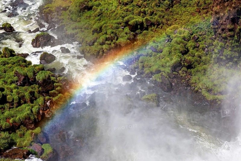 Colourful rainbow over a waterfall surrounded by lush greenery, The Iguazu Falls between Argentina and Brazil