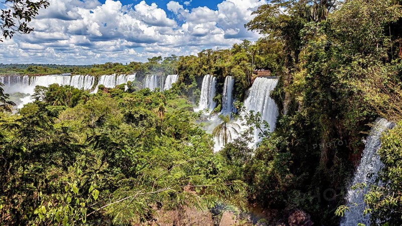 Sweeping views of several waterfalls that run through dense vegetation and reach the sky, The Iguazu Falls between Argentina and Brazil