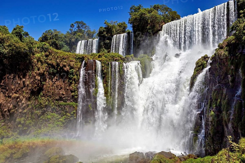High waterfalls surrounded by lush vegetation under a bright blue sky, The Iguazu Falls between Argentina and Brazil