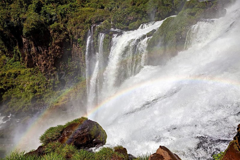 Powerful waterfall with spray and rainbow over mossy rocks in a natural setting, The Iguazu Falls between Argentina and Brazil