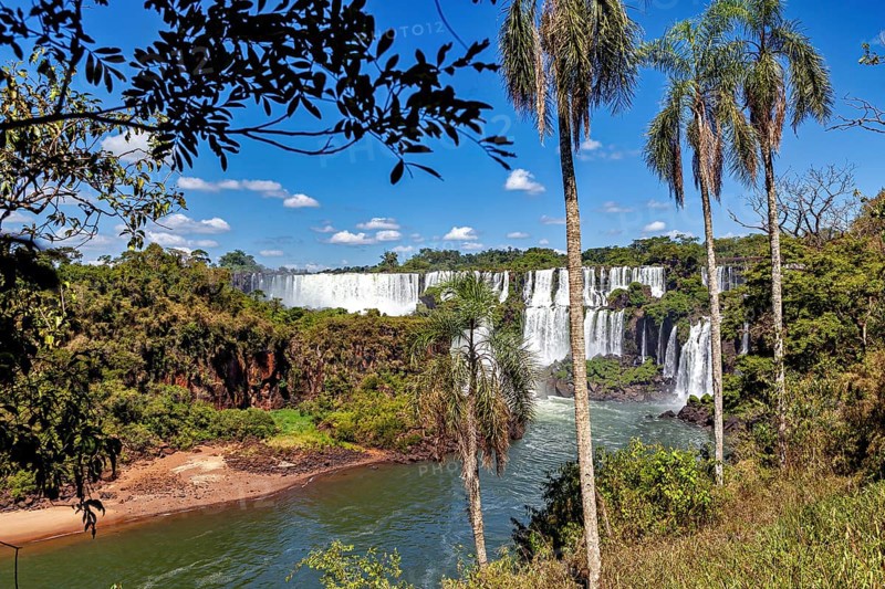 Picturesque views of waterfalls and palm trees offer a tropical panorama under a bright blue sky, The Iguazu Falls between Argentina and Brazil
