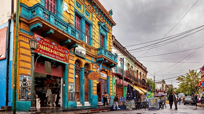 Traditional colourful building facade of a shop on a city street, The colourful city and tango district La Bocca in Buenos Aires Argentina