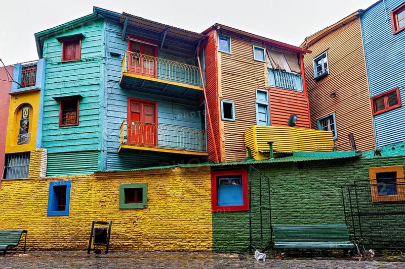 Colourful houses with different colours and architectural details, the colourful city and tango district of La Bocca in Buenos Aires Argentina