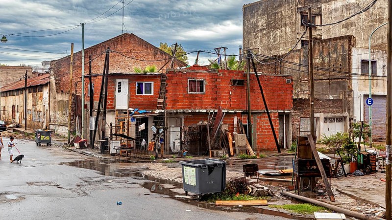 Dilapidated buildings and external structures in an urban environment with a rough atmosphere, the colourful city and tango district of La Bocca in Buenos Aires Argentina