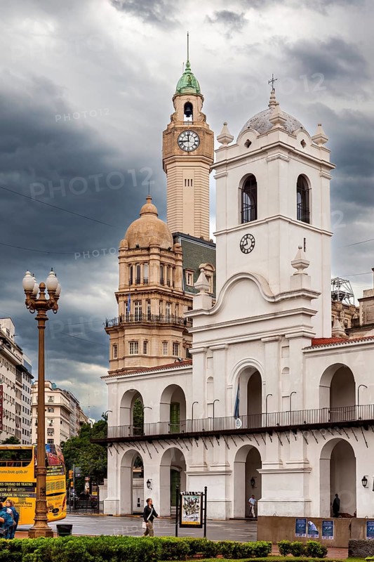 Centrally located colonial-style buildings with prominent clock towers and clouds in the sky, Historic buildings in the city of Buenos Aires Argentina
