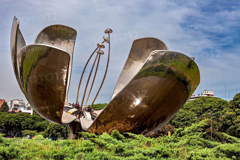 Modern sculptural flower surrounded by vegetation, with elements representing the pistil, The lotus blossom in Buenos Aires Argentina