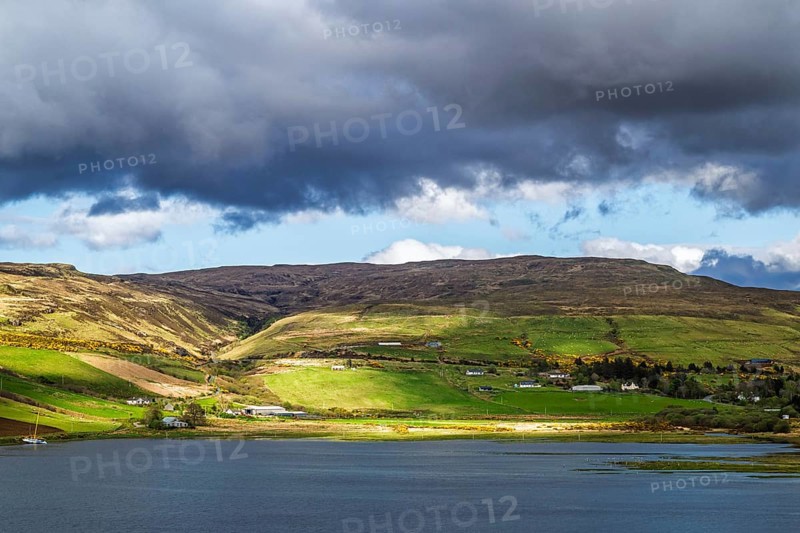 Farms over Loch Harport, Drynoch, Isle of Skye, Scotland, UK