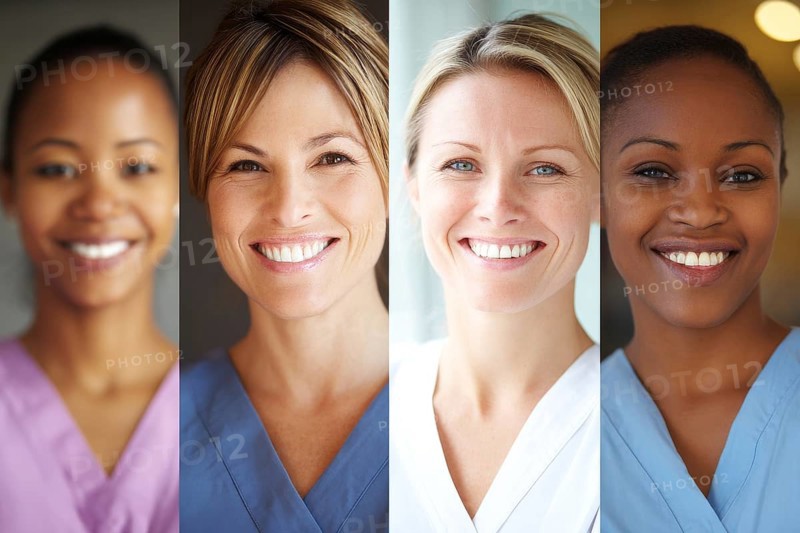Collage of hospital nurses and medical professionals smiling. Concept of hospitality and excellent service, AI generated
