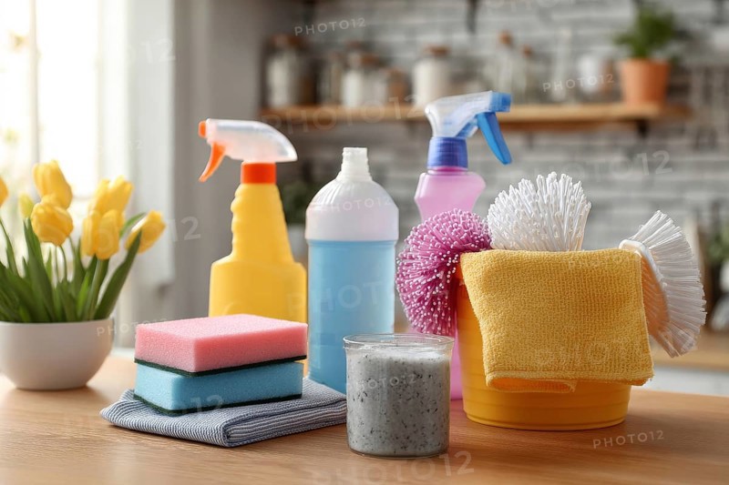 Cleaning set with products and tools on kitchen table, AI generated