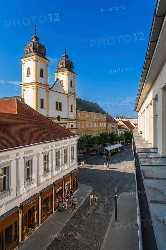 View from the city tower of the Piarist Church of St Francis Xavier and the old town in the evening light, Capital of Culture 2026, Trencín, Slovakia