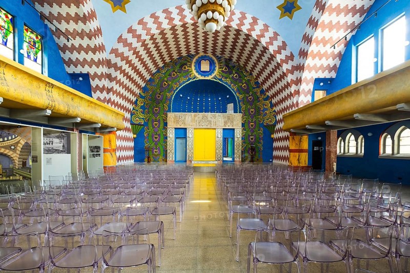 Renovated interior of the Neolog Synagogue converted into a cultural centre by Berlin architect Richard Scheibner in the Capital of Culture 2026, Trencín, Slovakia
