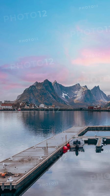Beautiful Reine fishing village, scenic dramatic views of Lofoten islands in Norway