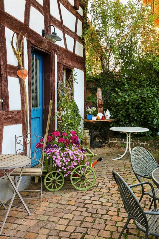 Kässtadel, KäStadel, on the lake, cheese shop with bistro, cheese shop, delicatessen, café, regional cuisine, small restaurant, garden, idyll, still life, geraniums (pelargoniums), trolley, watering can, blue door, half-timbered, time out, stop for a bite to eat, Oberuhldingen district, Uhldingen-Mühlhofen municipality, Lake Constance district, Baden-Württemberg, Germany