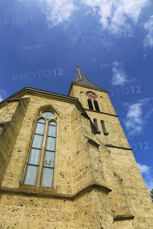 St. Martinus, catholic church, place of worship, sacral building, church tower, clock, cross, religious building, Dotternhausen, Zollernalbkreis, Baden-Württemberg, Germany
