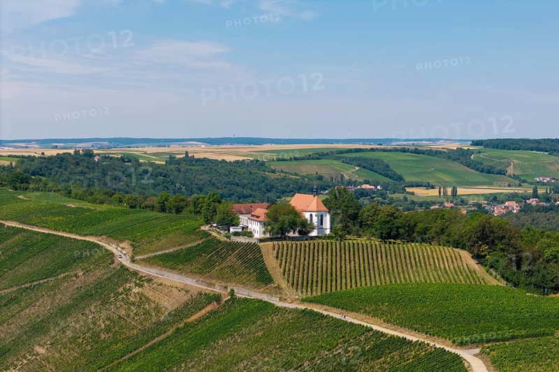 Vogelsburg near Volkach with monastery church of the Protection of the Virgin Mary, aerial view, Mainfranken, Mainschleife, Franconia, Lower Franconia, Bavaria, Germany
