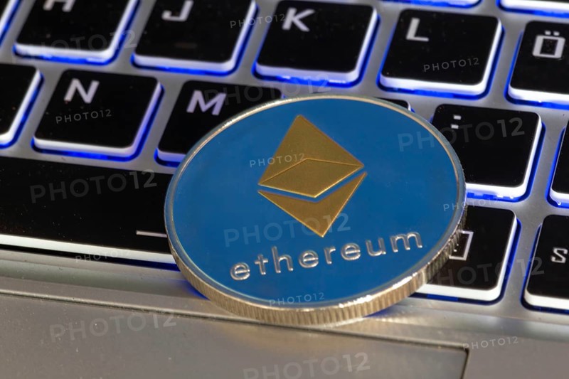 Close-up of a symbolic Ethereum coin