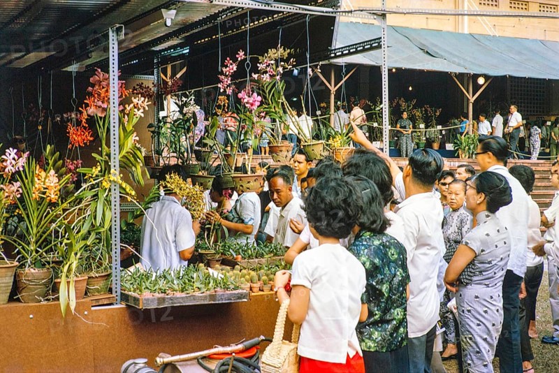 People attending flower show at the Singapore Turf Club, The 4th World Orchid Conference, Singapore, Southeast Asia, October 3-10, 1963