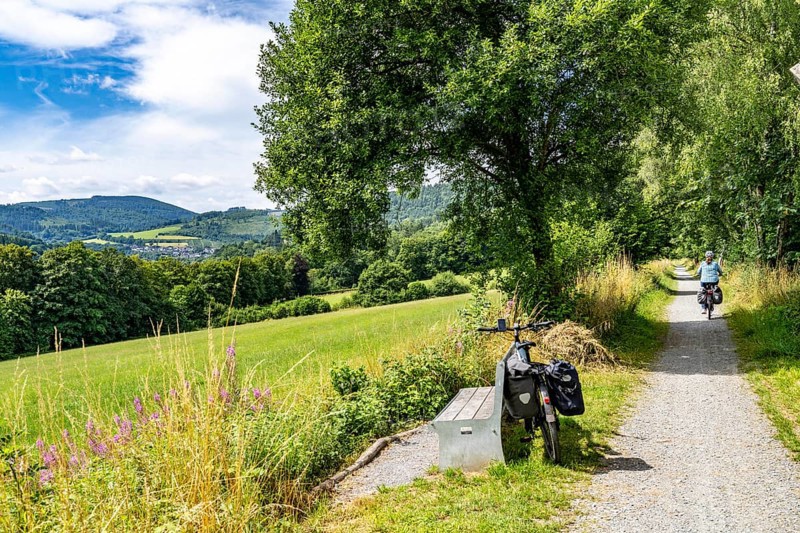Sauerlandring cycle path, an 84 km long circular cycle path between the towns of Finnentrop, Eslohe, Schmallenberg and Lennestadt, mostly on former railway lines, here near Schmallenberg, Sauerland, North Rhine-Westphalia, Germany
