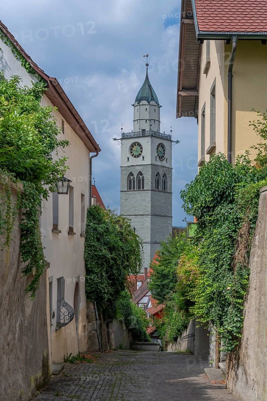 Tower of Überlingen Minster, St Nicholas, built in 1350 and 1576 in the late Gothic style, Überlingen, Baden-Württemberg, Germany