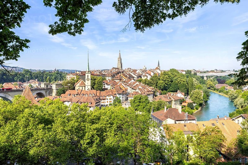 Bern City on the River Aare Old Town with Bern Minster Church in Bern, Switzerland