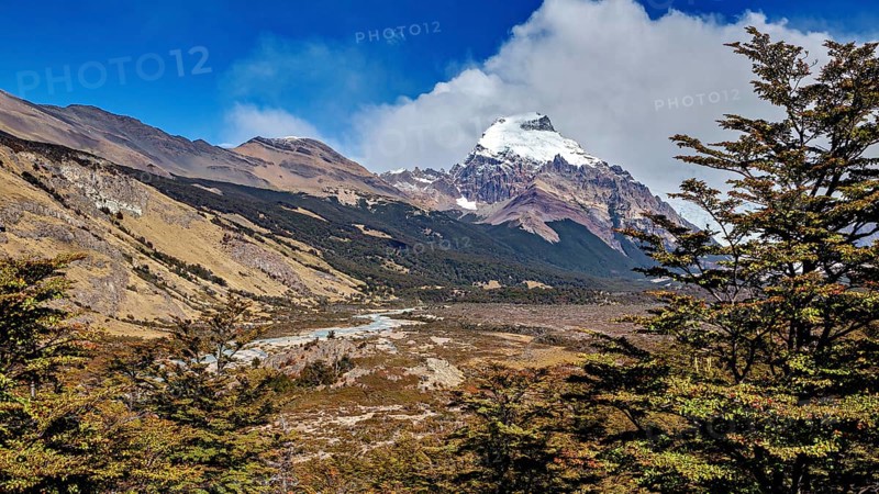 Wide valley with a river, surrounded by mountain peaks and wooded areas, The Patagonian landscape near El Chalten in Argentina