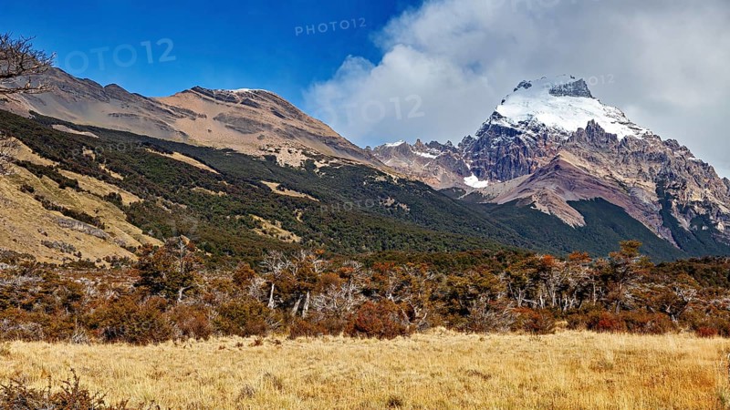 Mountain landscape, snow-covered peaks with wooded slopes and exposed rocks under a blue sky, The landscape of Patagonia near El Chalten in Argentina