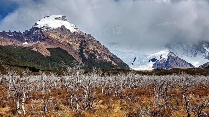 Mountain landscape with snow-covered peaks and a cloud cover over thorny bushes, The Patagonian landscape near El Chalten in Argentina