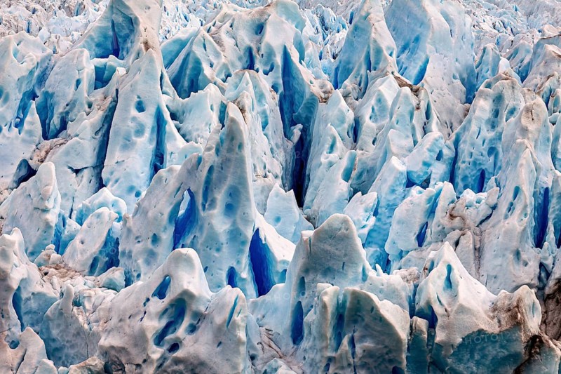 Detailed image of blue and white glacier structures with fascinating ice formations, The ice of the Perito Moreno glacier in Argentina