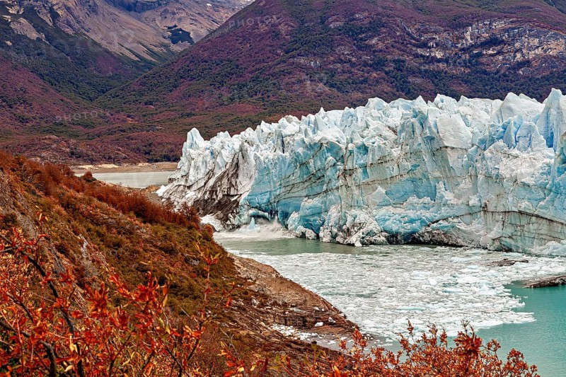 Colourful autumn landscape with glacier front in front of a mountain, The Perito Moreno glacier in Argentina