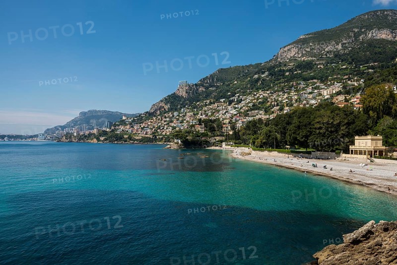 View of Roquebrune and Monaco, Plage du Golfe Bleu, Alpes Maritimes, Provence Alpes Cote d'Azur, French Riviera, South of France, France