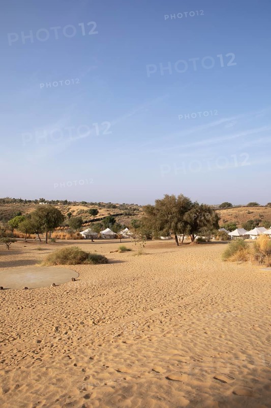 Desert camp or tented camp in the Thar Desert or Great Indian Desert, near Jaisalmer, Rajasthan, India