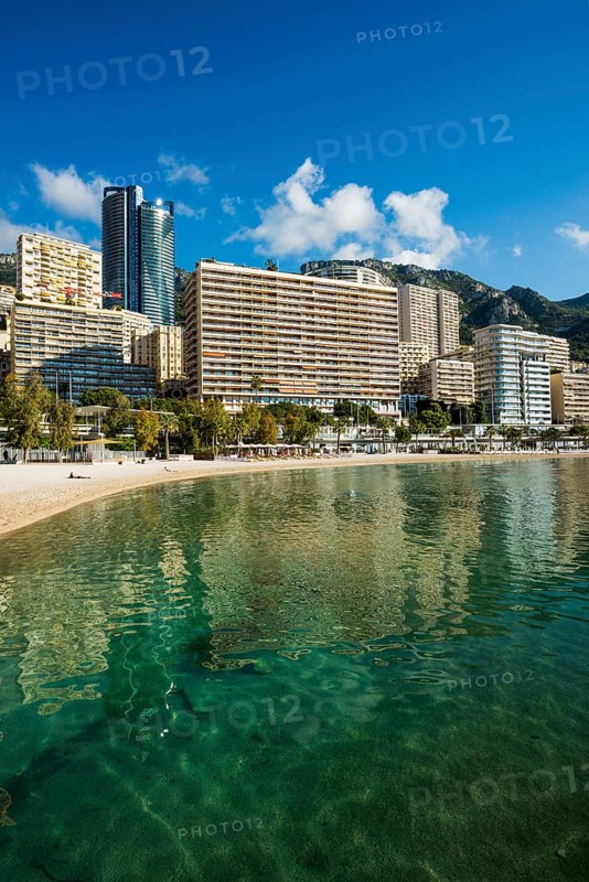 Panorama, Skyline with skyscrapers and beach, Plage du Larvotto, Monte Carlo, Cote d'Azur, Monaco
