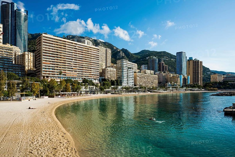 Panorama, Skyline with skyscrapers and beach, Plage du Larvotto, Monte Carlo, Cote d'Azur, Monaco