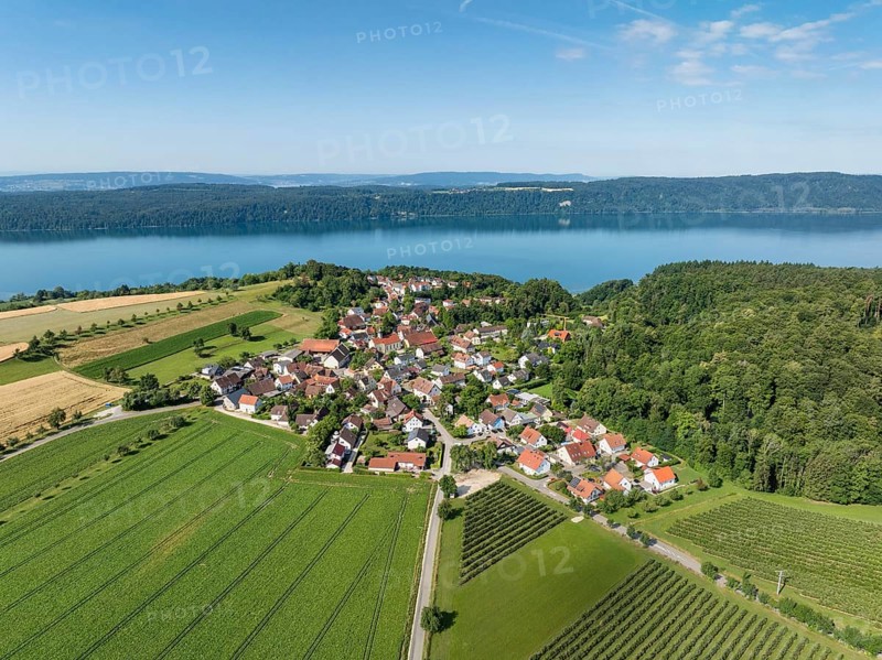 Luftbild vom Bodensee mit der Ortschaft Hödingen, am Horizont der Bodanrück, Überlingen, Bodenseekreis, Baden-Württemberg, Deutschland