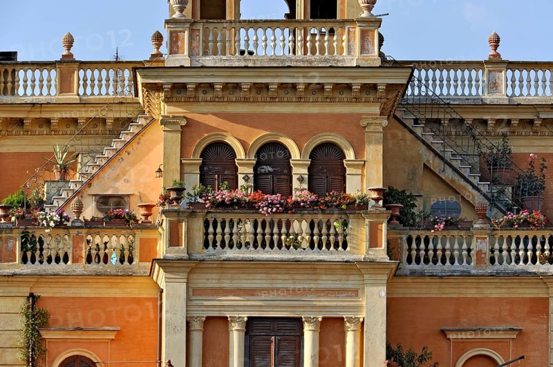 Magnificent city villa Palazzo Rosi with terraces, balconies, balustrades, stairs, arches, columns, floral decorations, Belle Epoque, Art Nouveau, historic centre, Bracciano, metropolitan city of Rome, Lazio, Italy