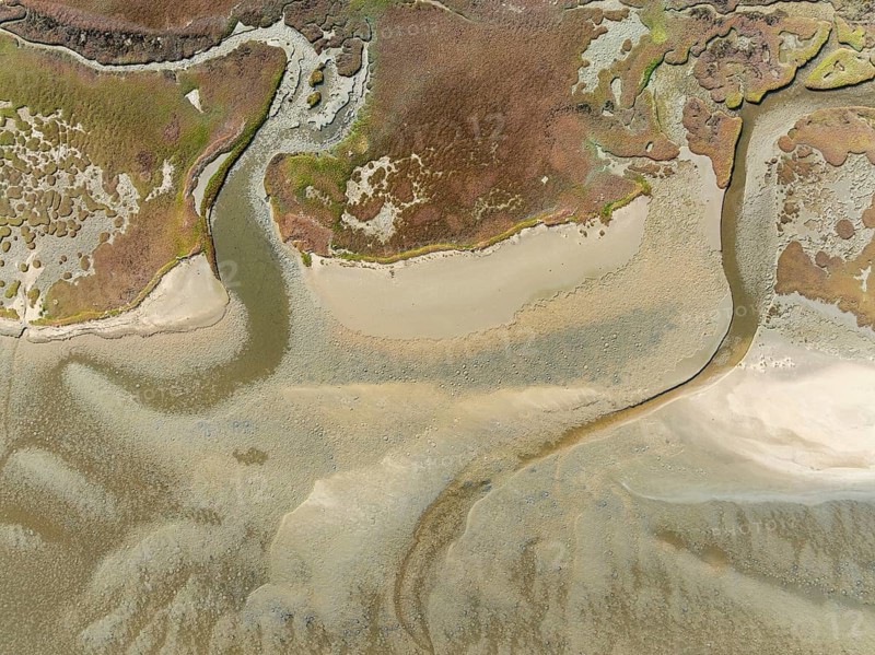 Marshes and streams at low tide in the Walvis Bay Lagoon. Aerial view. Drone shot. Namibia