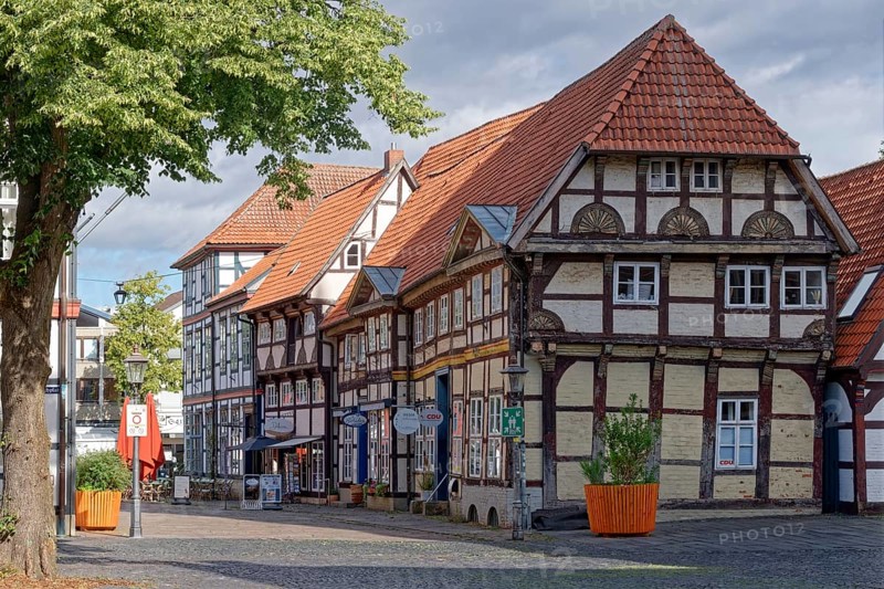 Half-timbered houses on the market square in the historic old town of Nienburg an der Weser. Nienburg, Lower Saxony, Germany