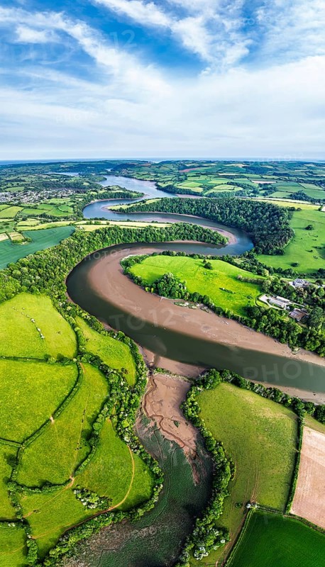 Panorama of Farms and Fields over River Dart from a drone, Stoke Gabriel, Totnes, Devon, England, United Kingdom
