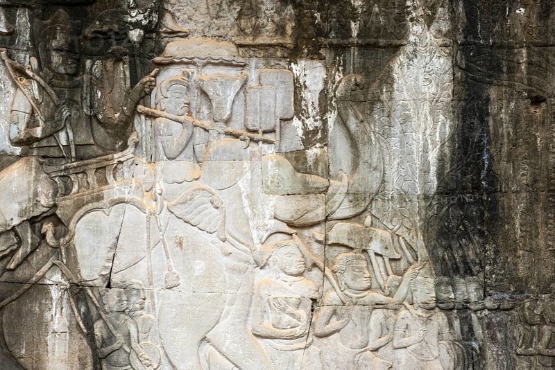 Stone bas-reliefs, Khmer war campaign against the Cham, relief wall, east façade, Bayon temple, Angkor Thom, Siem Reap province, Cambodia