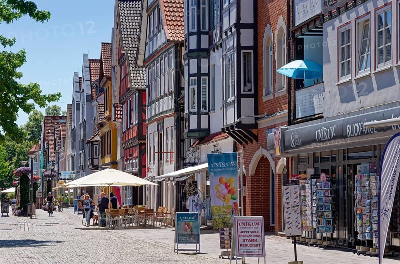 Half-timbered houses on Weserstrasse in the historic old town of Rinteln. Lower Saxony, Germany