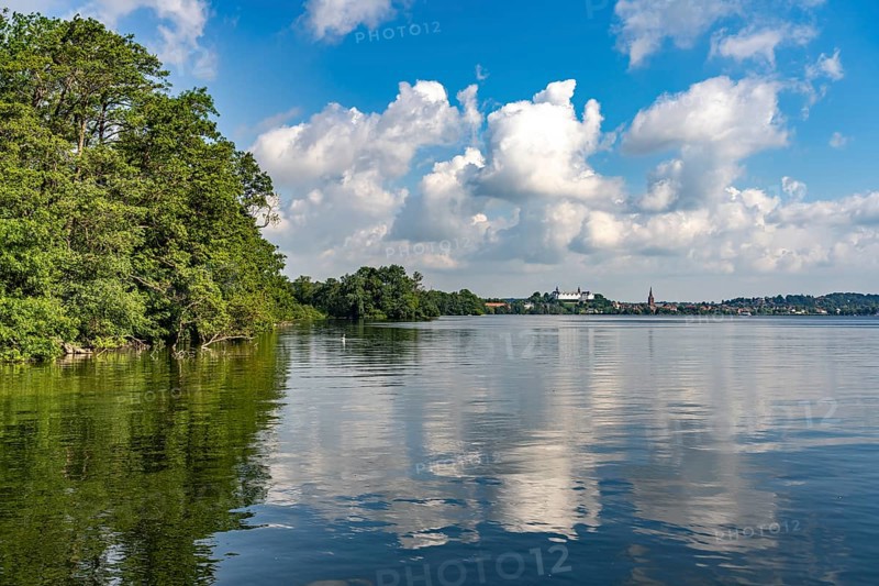 The Great Plön Lake, Nikolai Church and Plön Castle in Plön, Schleswig-Holstein, Germany