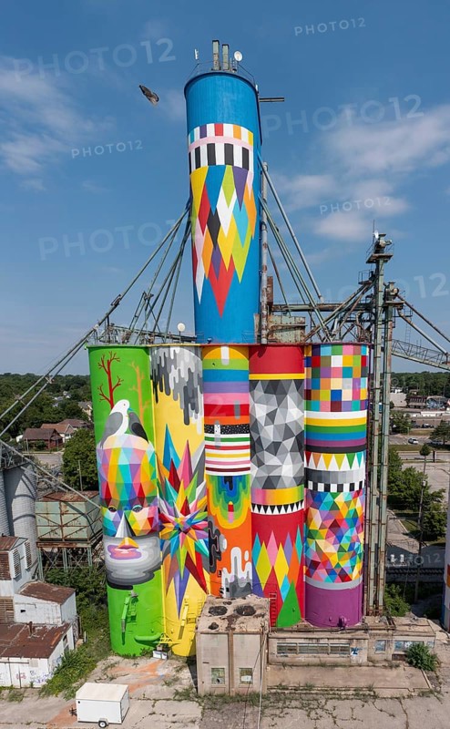 Saginaw, Michigan - The Shine Bright mural on abandoned grain elevators. The mural was created when the community raised $50, 000 to bring Spanish street artist Okuda San Miguel (OKUDA) to Saginaw