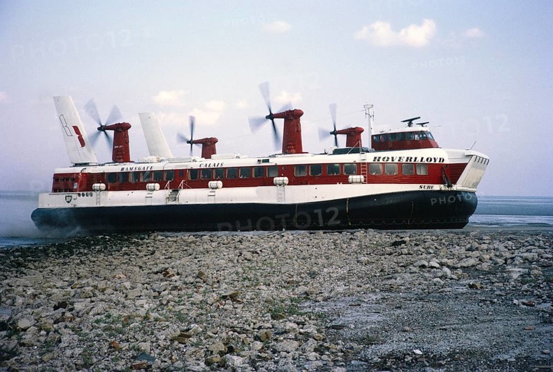 Hoverlloyd SR N4 model hovercraft 'Sure' at Pegwell Bay, Ramsgate Hoverport, Kent, England, UK 1970