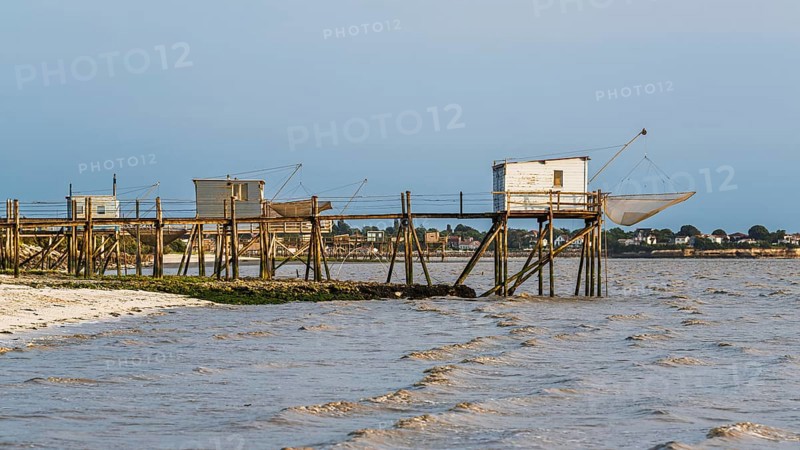 Fishing huts over Randonnee entre Histoire et Nature from a drone, Fouras, Fouras-les-Bains, Charente-Maritime, Nouvelle-Aquitaine, France