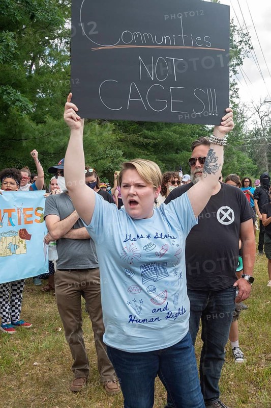 Baldwin, Michigan USA - 4 July 2025 - Activists rally against the North Lake Correctional Facility, which has just been reopened as the largest immigrant detention center in the Midwest. The rural Michigan facility is owned by the GEO Group and will house immigrants detained by ICE
