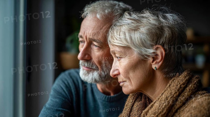 Senior couple grieving. Senior couple with health concerns or trouble in their lives or family, AI generated