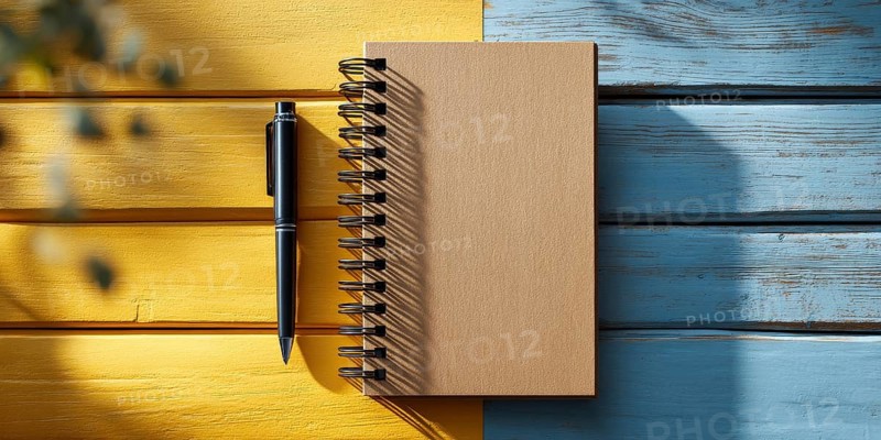 Minimalistic flat lay of office workflow productivity tools that improve efficiency and saving time and resources. Pen and notebook, AI generated