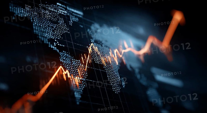 Stock market and economy growth trend fluctuations. Advanced graph business analytic tool that shows economy trends and charts in international global commerce, AI generated