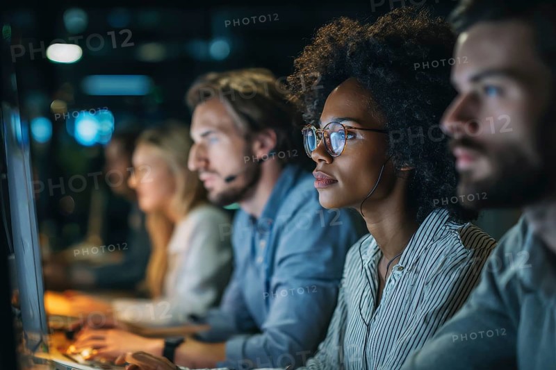 Diverse employees in corporate environment support center analyzing data and helping customers to resolve issues, AI generated